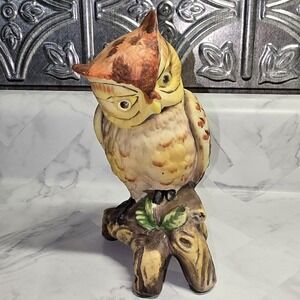 Vintage 1970's Owl On Branch Figurine Porcelain Hand Painted